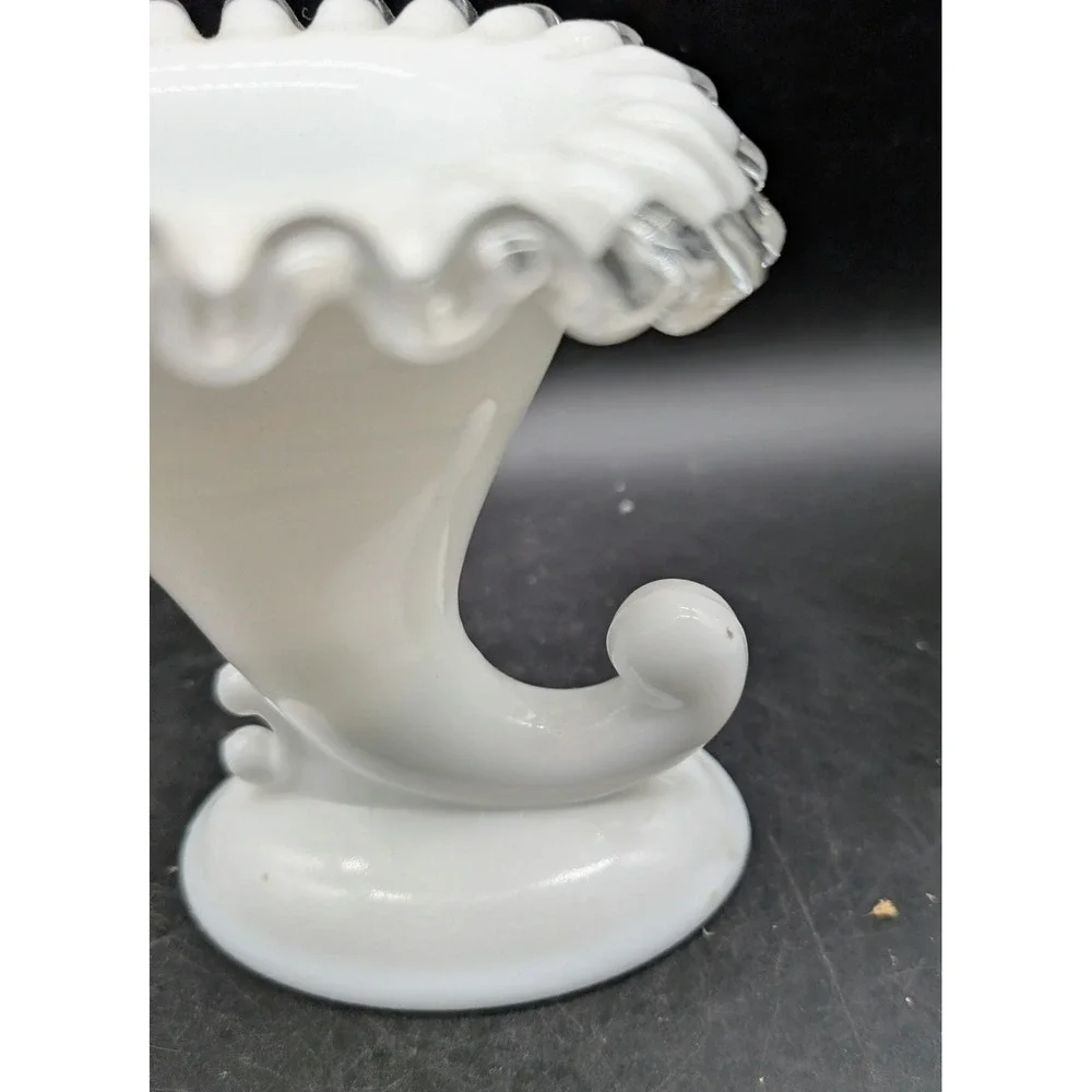 Fenton Milk Glass Silver Crest Ruffled Cornucopia Vase White Clear Edge Vintage